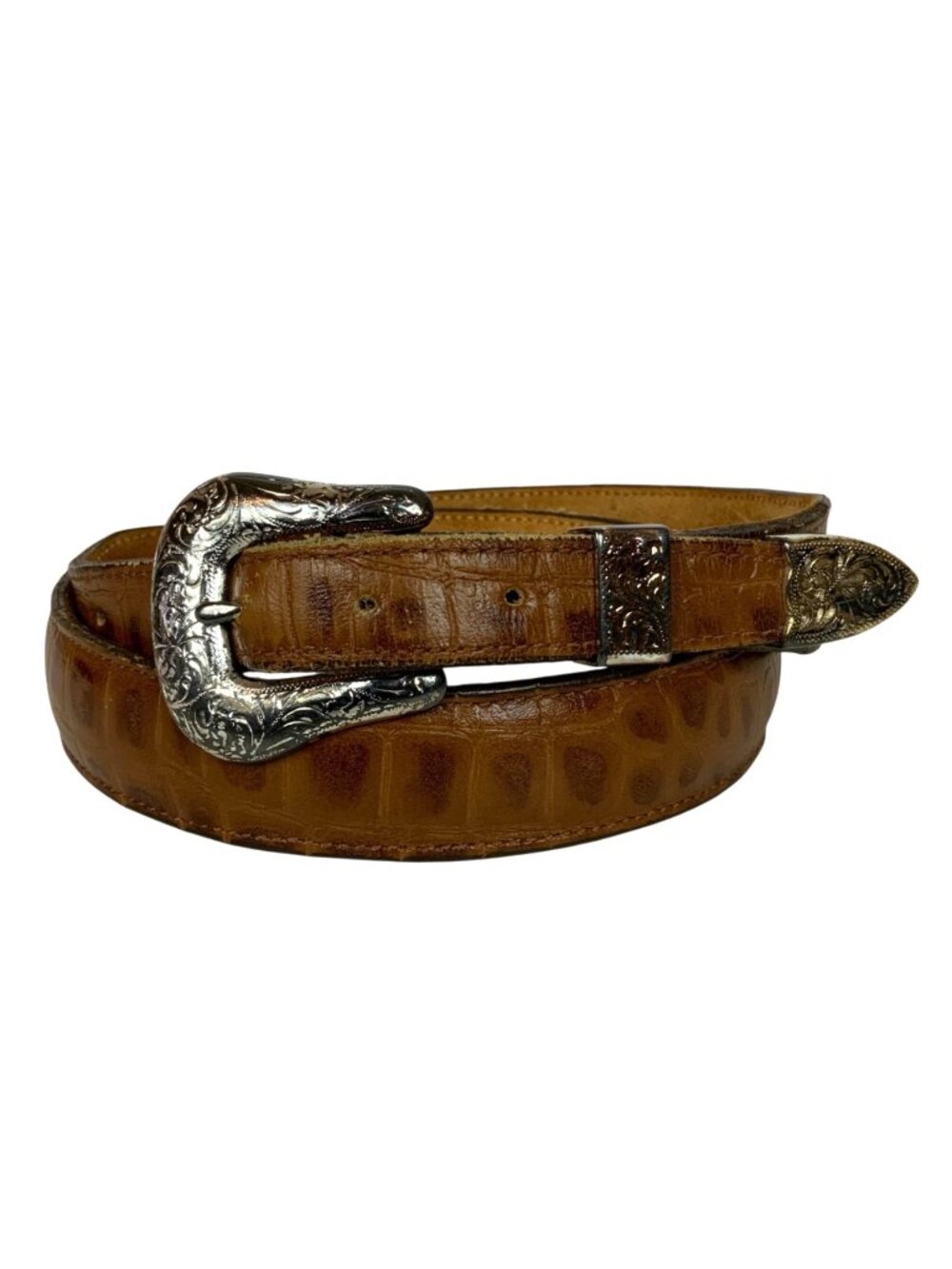 Vintage Nocona Western Belt Brown Leather Silvertone Buckle Size 34 Texas USA